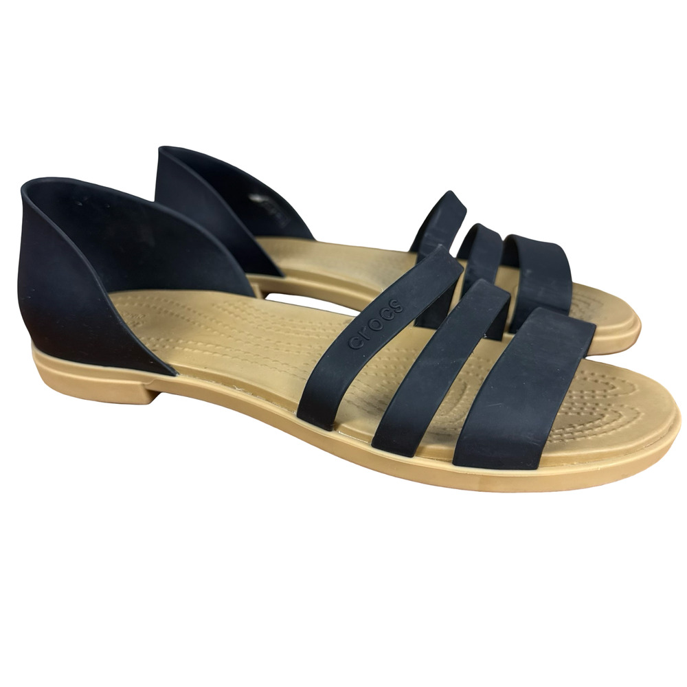 Crocs Tulum Open Toe Flats Slip On Shoes Black Beige Rubber Shoes Sandals sz 8